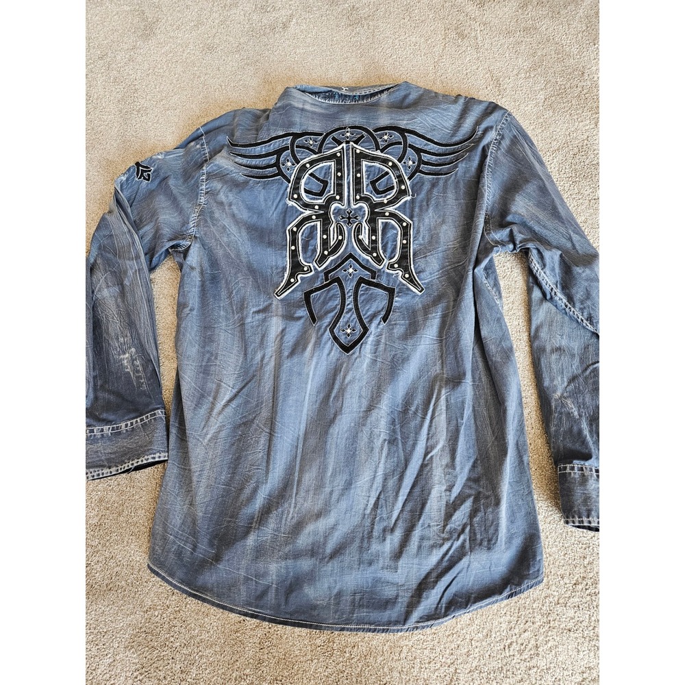 Roar Signature Shirt Mens XXL Blue Distressed Biker Cross Rhinestone Western